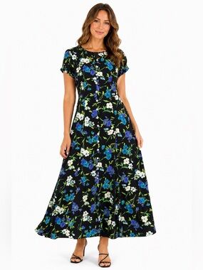 80s USA Vintage Romantic Floral Rayon Button Maxi Dress (Black/Multi) Size: 10P